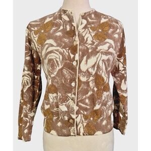Vintage 1950s Sidney Gould Womens Cardigan Tan Brown Floral Wool